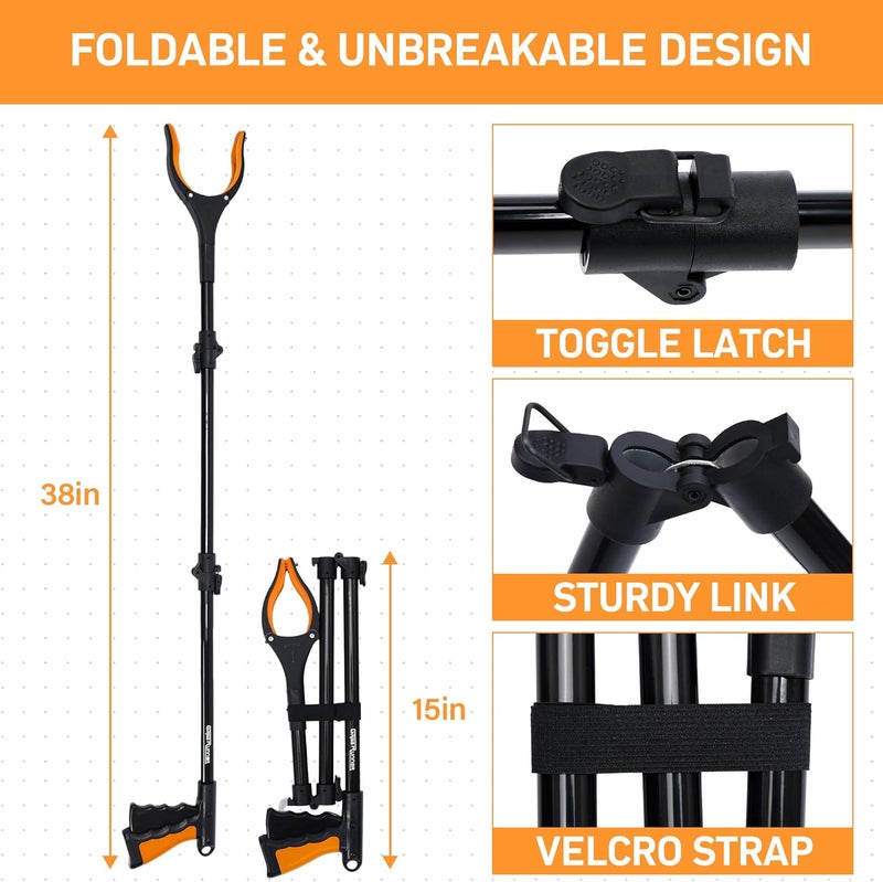 GrabRunner 38" Extra Long Grabber Reacher Tool – 2 Pack Extra Long Foldable Reacher Grabber Pickup Tools with 360° Rotating Jaw - Heavy Duty Pick Up Grabbers for Seniors, Trash, Surgery Recovery (Orange Blue) - Image 2